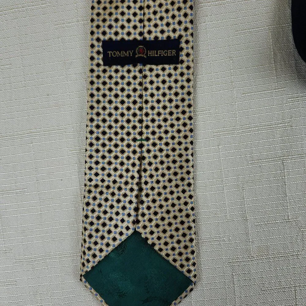 Vintage Tommy Hilfiger 100% Silk Necktie, Navy & Blue Diamond on Gold Background